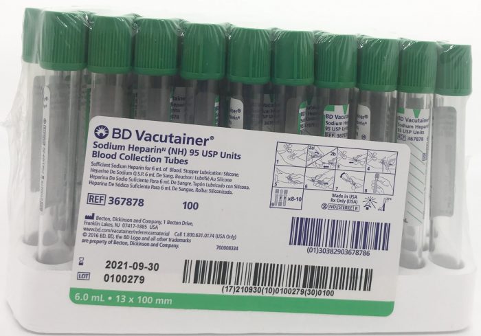 BD: Vacutainer Green Top Plastic Tube Sodium Heparin 16 x 100mm 10ml (100)