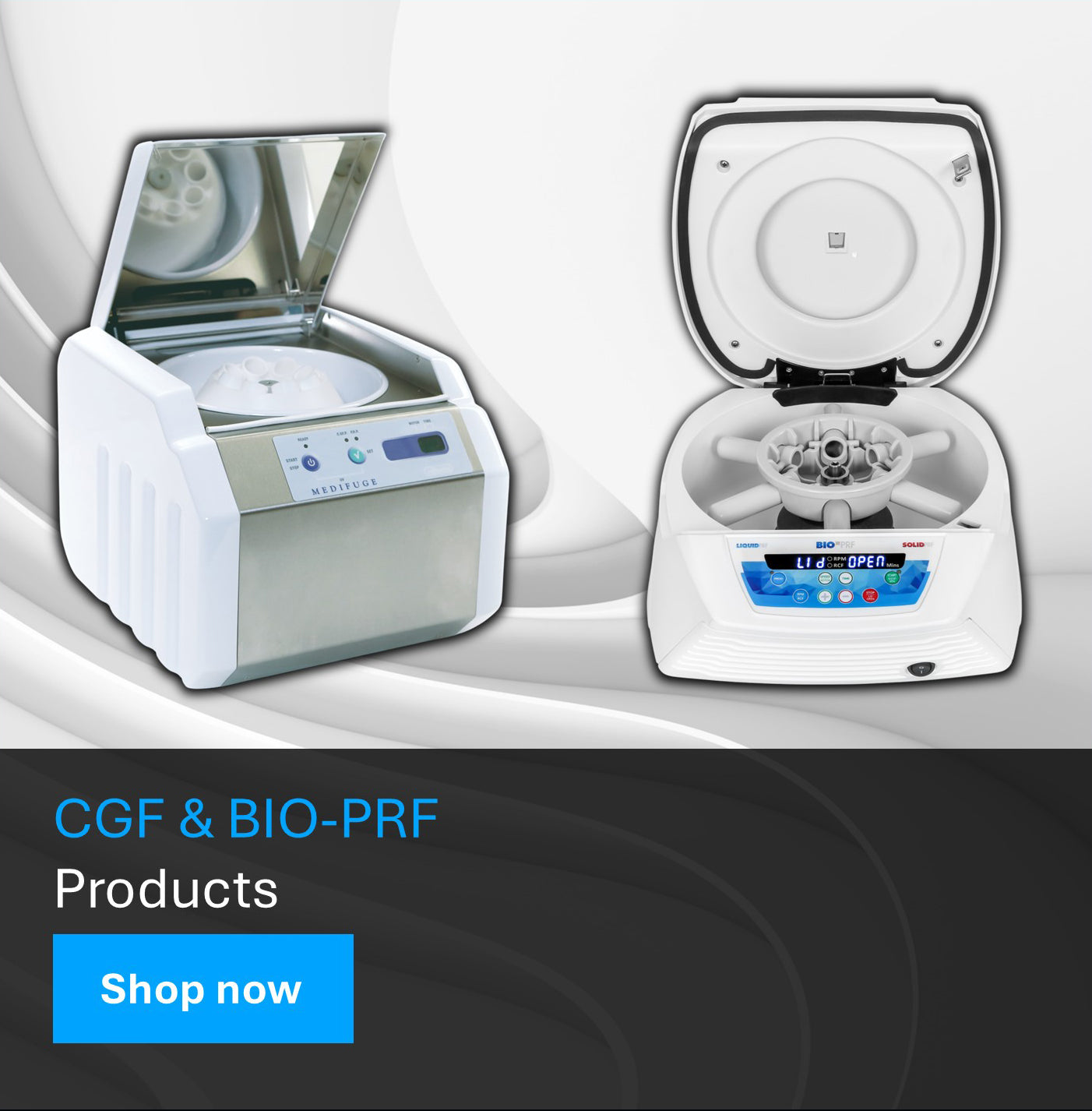 Two centrifuges with open doors on a gray background, featuring text about CGF & BIO-PRF products.